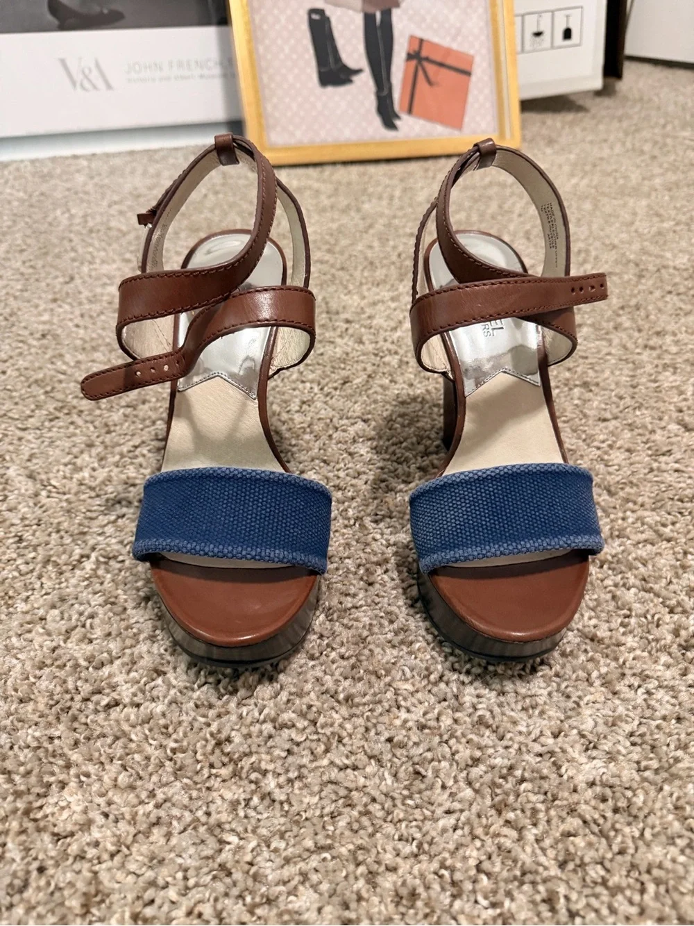 Michael Kors Brown Leather Sandal with Navy Front Band